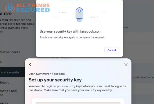 Use security key with Facebook prompt