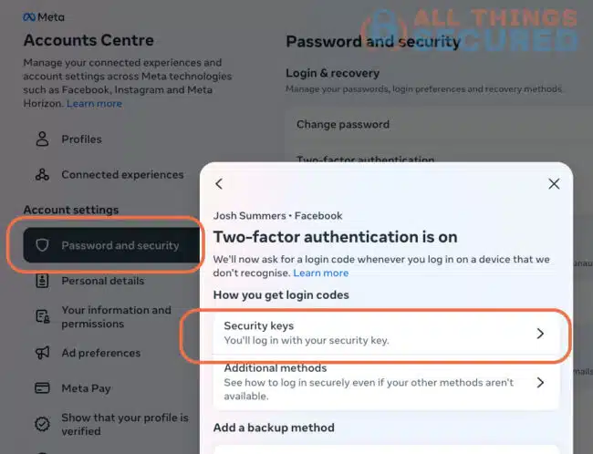 Facebook 2FA settings