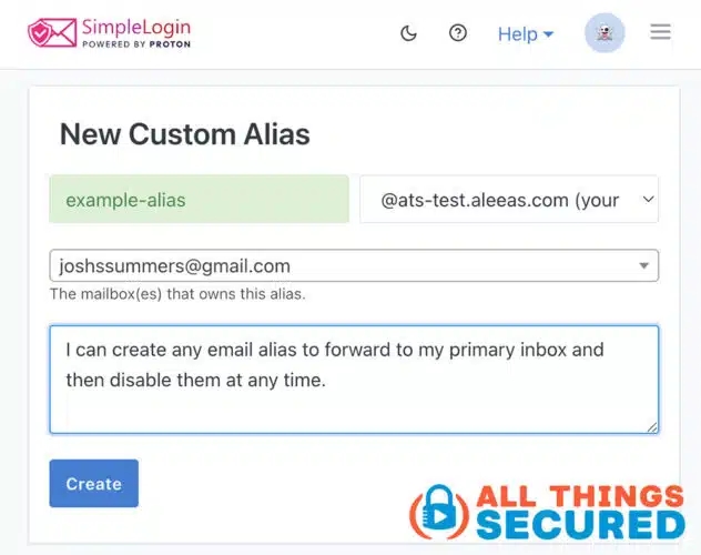 Create a custom alias with Simplelogin